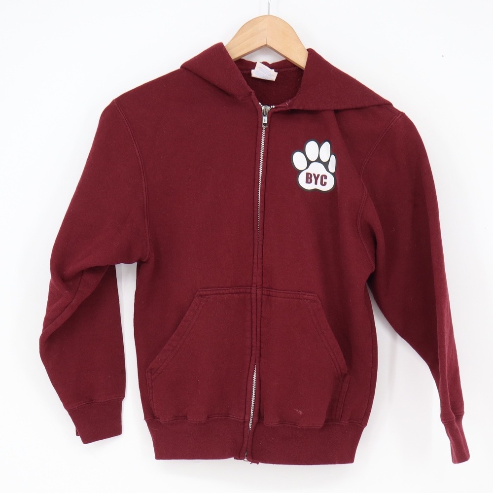 Port & Company Hoodie Youth M Core Fleece Maroon BYC Paw Print Zip Good